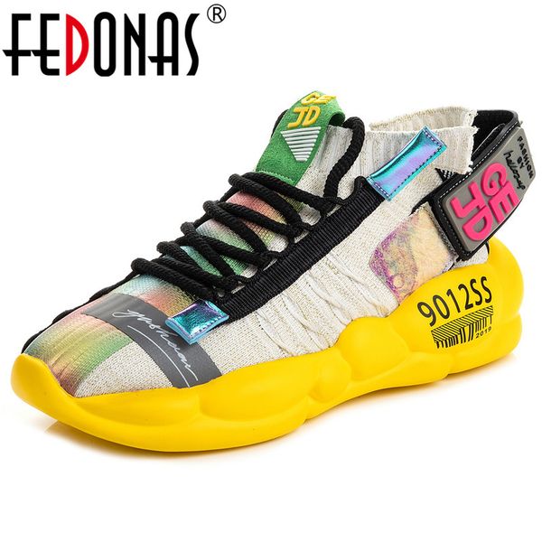 

fedonas 2019 spring summer new fashion mixed colors knitting lace up women flats comfortable women sneakers casual shoes woman, Black