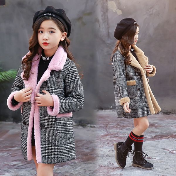 

girls suede coat girls long warm plaid woolen coat heavy weiht kids plus velvet thicken overcoat child wadded jacket, Blue;gray