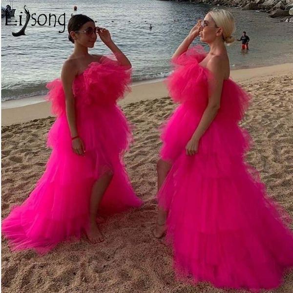 

chic 2019 pink very puffy tutu prom dresses high low ruffles tiered long prom gowns african party dresses, White;black