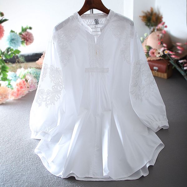 

superaen new 2020 spring fashion ladies blouses and long sleeves chinese style embroidery women pluz size women clothing, White