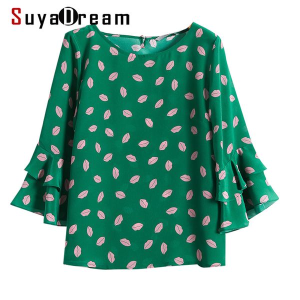 

women's blouses & shirts suyadream women summer 100%real silk lips printed butterfly sleeved o neck blouse shirt 2021 plus sizes casual, White