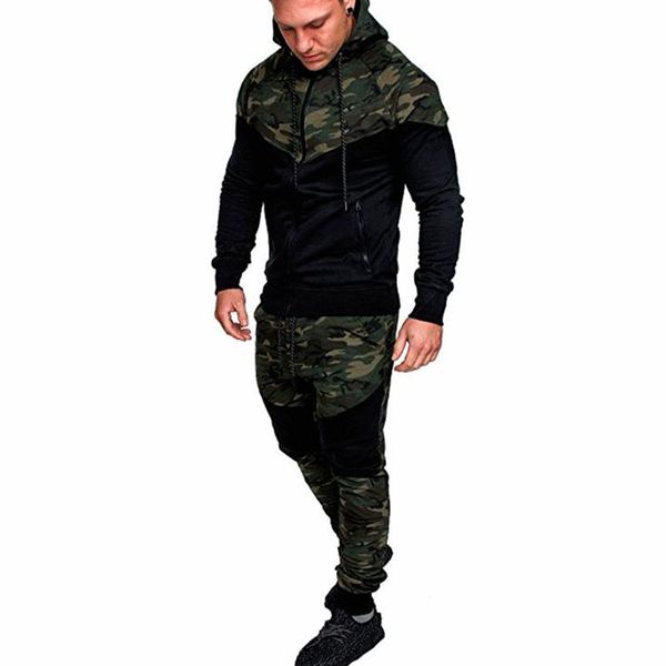 

fashion men fashion long sleeve splice camouflage print hoodies sport sweatshirt coat male casual zip up hooded sweatshirt jac, Black