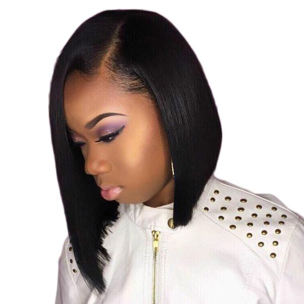 

короткого фронт шнурка человеческих волос парики боб парик прямые для чернокожих женщин естественного цвета бразильского remy волос бесплатн, Black