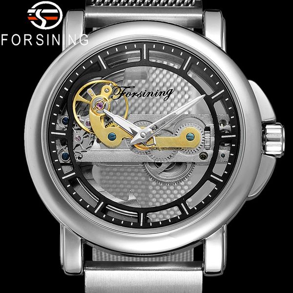 

forsining automatic mechanical men wristwatch sport male clock transparent skeleton man watch 9418c, Slivery;brown