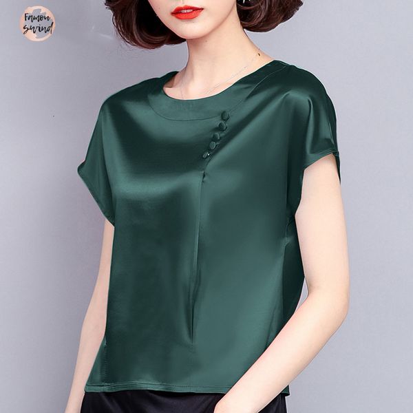 

шелковый женщины моды блузка с коротким рукавом рубашки 2019 новая одежда женщины топы твердая повседневный o шеи женский блузки 0425 40, White