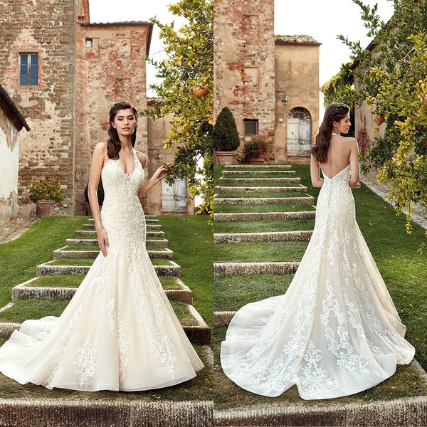 

eddy k mermaid wedding dresses halter lace appliques sweep train backless sweep train country bridal gowns custom beach wedding dress, White