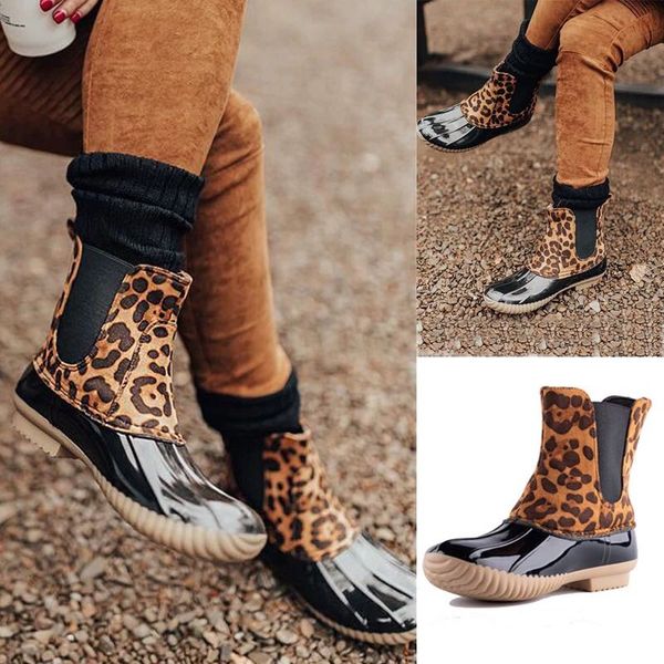 

fashion leopard women slip duck boots new winter boots girl shoes ankle boots pvc adults slip-on waterproof breathable rainy shoes, Black