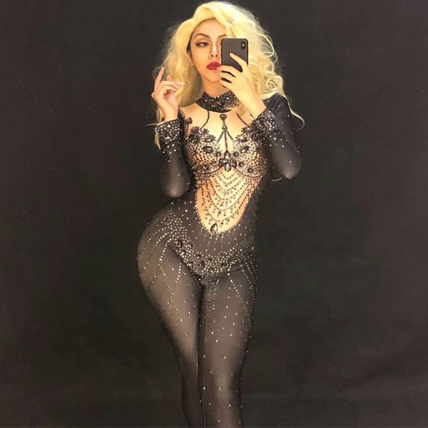 

sparkly silver crystals jumpsuit glisten rhinestones costume festival performance outfit party celebrate female singer bodysuit, Black;white