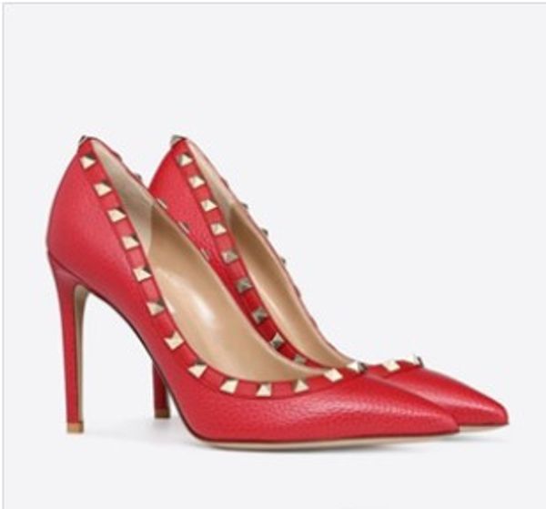 

women dress shoes rock patent high heels stud pumps rivets real leather pointed toe wedding shoes gift valentine party shoes brand box 34-43, Black