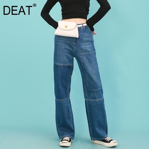 

women's jeans [deat] 2021 autumn fashion trend pattern vintage style straight high waist loose full length spliced ai846, Blue