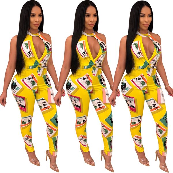 

women leotard deep v sleeve printed backless halter high waist ladies slim fit fashion summer casual jumpsuits pants, White