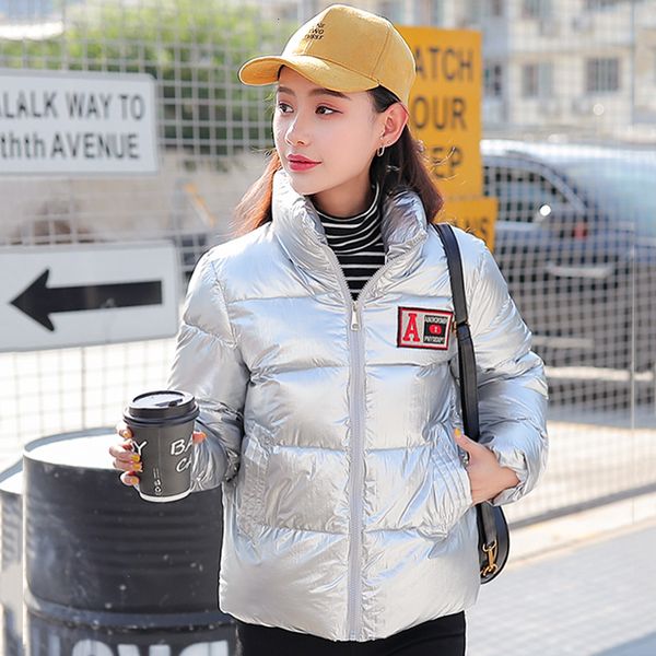 

2019 new shining fabric women winter jacket stand collar black silver cotton padded female short coat warm parka
