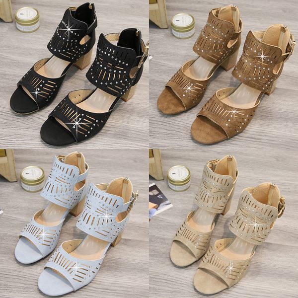 2020 heiße Frauen Hochhackige Sandalen Grob Absatz Luxus Wildleder Leder Frau Schuhe Schnalle Zipper zurück Fashion Party Hochzeit Sandale