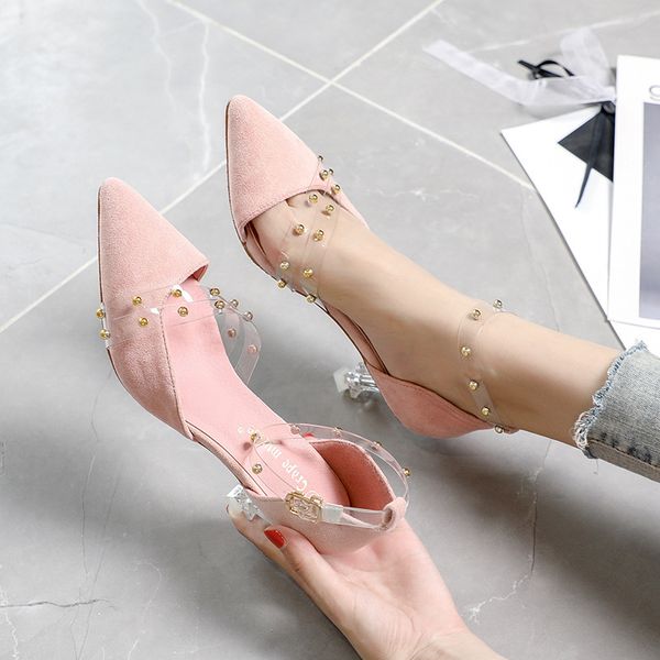 

poadisfoo 6.5cm heels 2019 fashion rivets thin heels sandals womens shoes rivet pumps women fahsion slipper jxq-936, Black