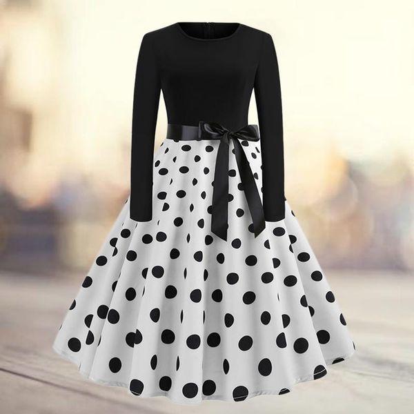 

fall clothes new vintage para mujer long sleeve dress polka dot printing vestidos de fiesta de women elegant casual dress, Black;gray