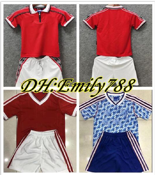 

98 99 retro manchester 1984 1985 1990 1991 1992 kids soccer jerseys sets tracksuits retro cantona children boys football shirt with shorts, Black;yellow