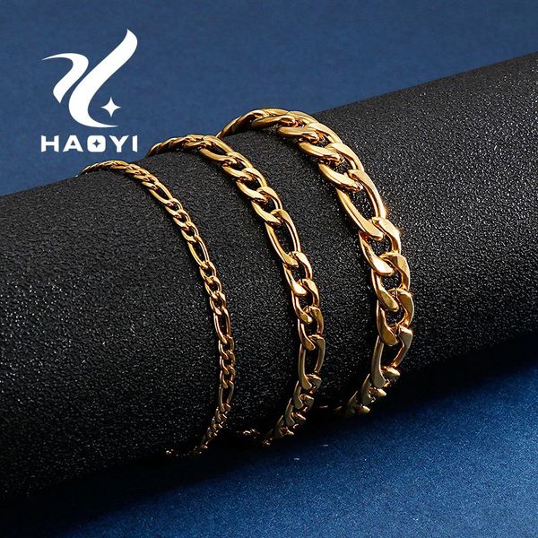 

haoyi charm simple style bracelet for couple gold colors men accessories thick chain custom stainless steel jewerly, Black
