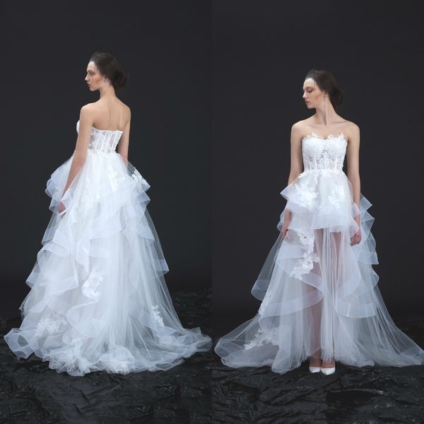 

2020 new designer a line wedding dresses lace applique strapless beach wedding dress beaded bridal gown ruffles custom made wedding dress, White