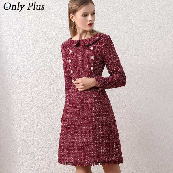 

только plus женщина питер пэн воротник твид платье vintage wool plaid вино платье элегантные кнопки шерстяной зима для женщин, Black;gray
