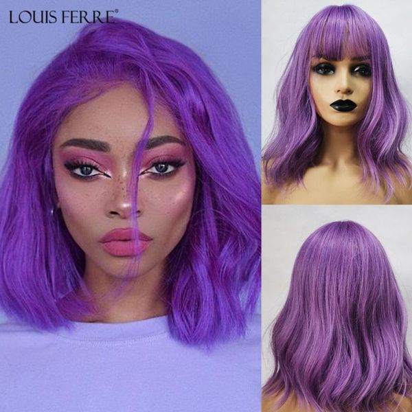 

louis ferre purple short bob synthetic wigs with bangs water wave natural wigs for women wavy cosplay heat resistant fiber, Black