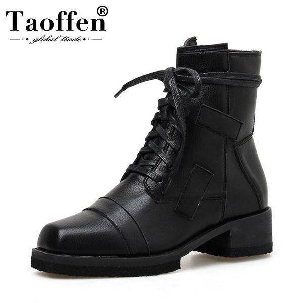 

taoffen women fashion winter ankle boots cross strap square toe platform motorcycle boots casual botas footwear size 35-39, Black