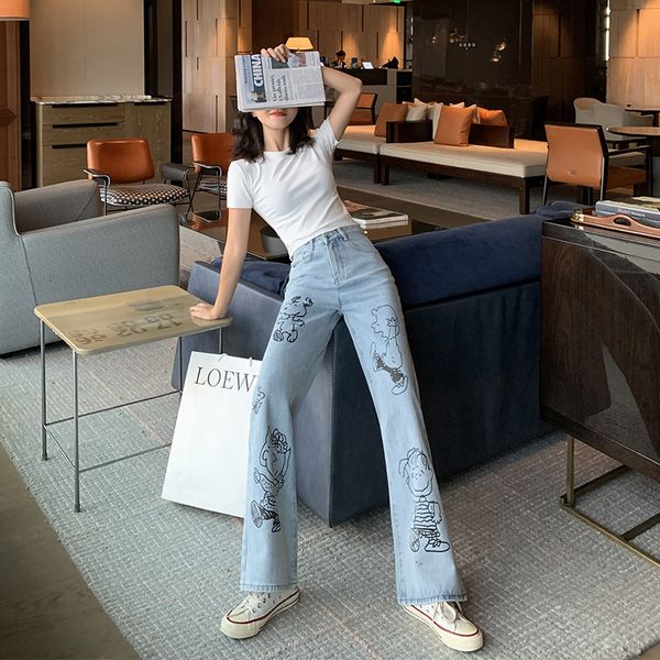 

2020jeans women high waist jeans wide leg pant women mom boyfriend jeans mujer full-length denim cartoon print, Blue