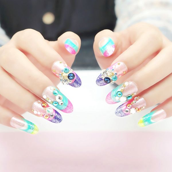 

3d gems colorful french false nail tips clear purple pink shimmer glitter fuax ongles full cover acrylic artificial fake nails, Red;gold