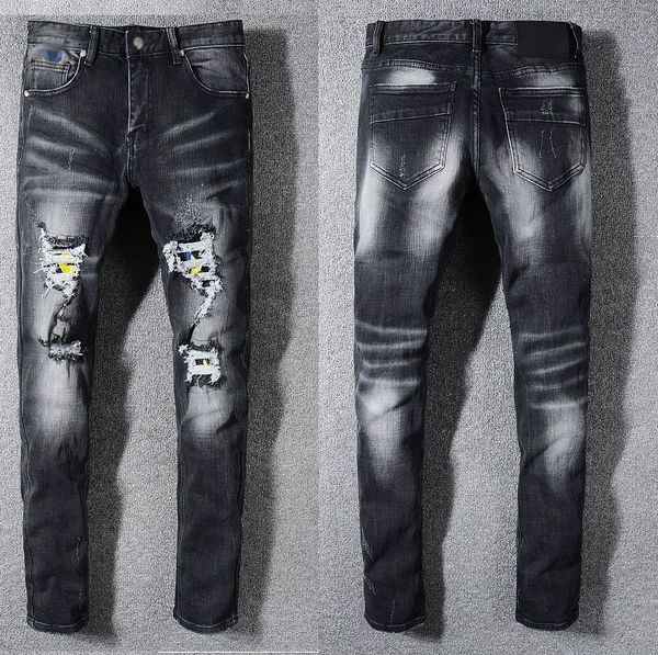 

известный бренд ман джинсы мода slim fit отверстие брюки классический сплайс вышить ковбойские брюки промытые бизнес частные пользовательски, Blue