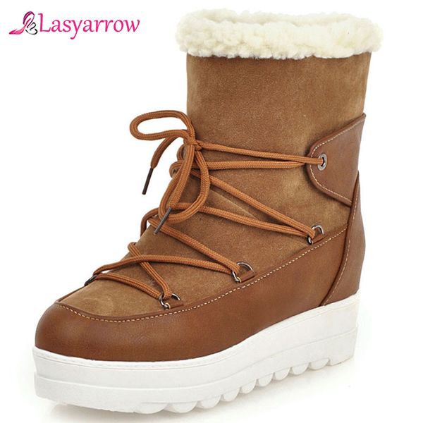 

lasyarrow winter shoes women med heel boots lace up australia round toe boot woman 2019 lady rubber snow flat lolita ankle boot, Black
