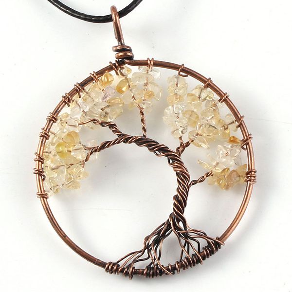 

10 pcs copper plated wire wrap tree of life yellow citrine pendant rope chain necklace fluorite stone jewelr, Silver