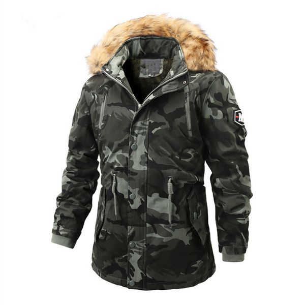 

dropshipping men's winter camouflage jackets thick warm parkas bomber cotton-padded jacket overcoat hooded fur my213, Black