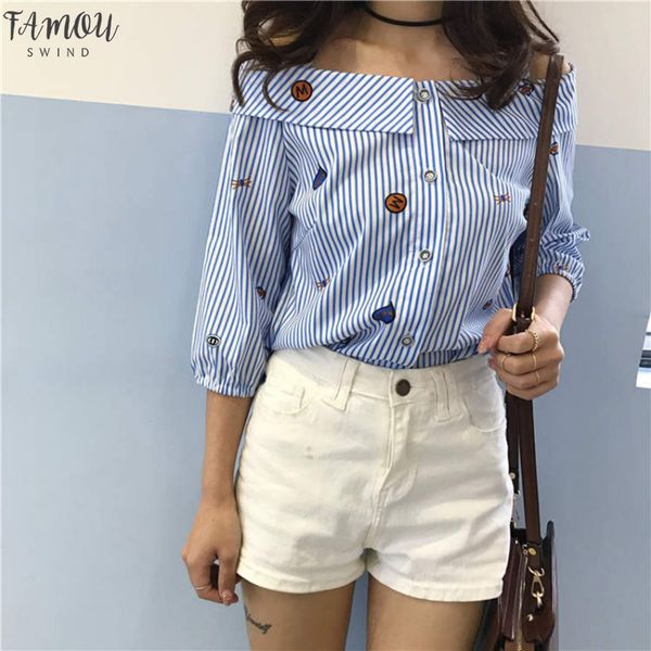 

korean style off shoulder slash turn down neck button blouses carton regular printing blue striped blusas femininas, White