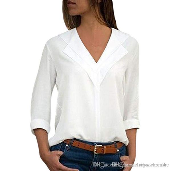 

luxury women blouses summer solid color loose long sleeve plus size womens shirts v neck designer, White