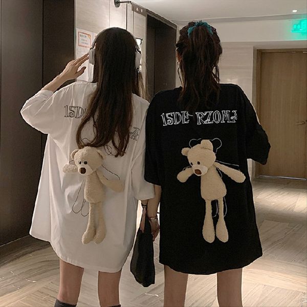 

cotton 2020 loose medium and t-shirt long skirt long ins super fire stereo bear girlfriends short-sleeved t-shirt female base top, White