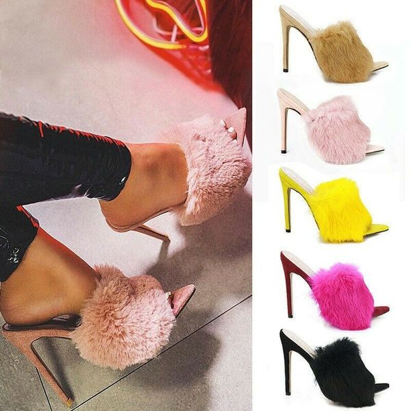 

2020 women luxury designer fluffy furry shoes pointy peep toe sandals high heels party shoes slipper new, Black