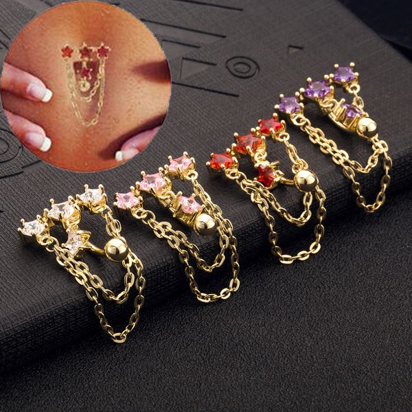 

gussiarro gold-color navel five-pointed star chain red clear pink purple crystal ring percing belly button rings body jewelry, Slivery;golden