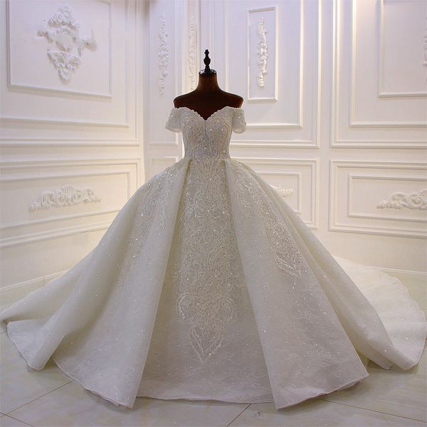 

2020 ball gown wedding dresses court train lace appliqued beads sequin overskirt wedding dress off shoulder custom made country bridal gowns, White