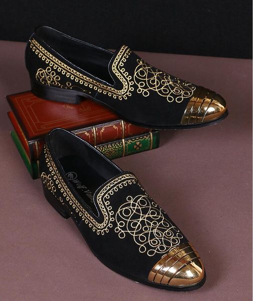 

new fashion men loafers gold embroidery slipper black suede loafers wedding dress shoes men slip on handmade leather flats h219
