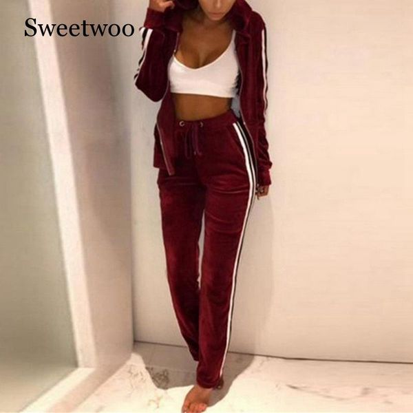 

spring women running set zipper hooded sweatshirt velvet tracksuit two piece sportswear stripe fitness pant sweat suits, Black;blue