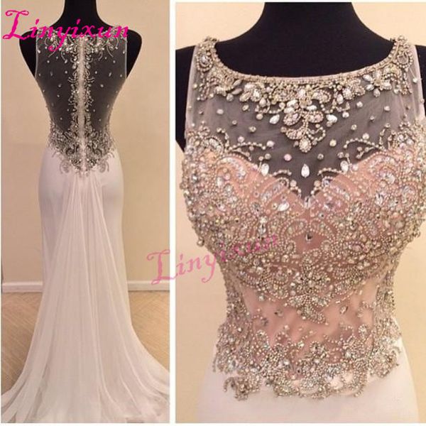 

linyixun 2018 new vestido de festa bodice crystal beads sparkly prom dress sheer illusion sheath long formal evening dresses, White;black