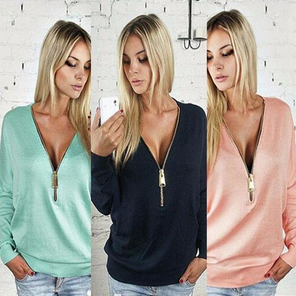 

весна женщины длинные рукава пуловеры толстовки глубокий v шеи укороченный топ толстовки женщины молния толстовки толстовка сексуальные блуз, Black