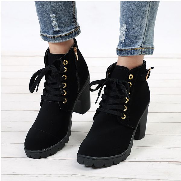 

plus size ankle boots women platform high heels women's boots buckle shoes thick heel short boot ladies drop shipping, Black