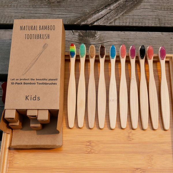 

5 pcs/box kid soft bristle brushes bamboo handle environmentally toothbrush children oral care brush colorful rainbow