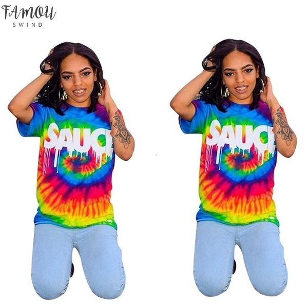 

beach style fashion tie dye print women tees o neck short sleeve summer clothes letters spliced casual style tees, White