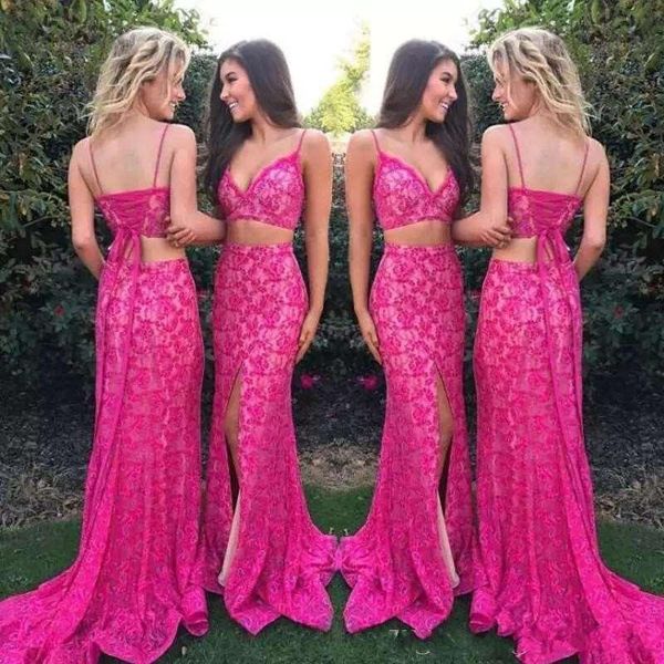 

2020 fuchsia spaghetti straps two pieces mermaid prom dresses fuchsia lace split lace-up back sleeveless long party for girls evening gowns, Black
