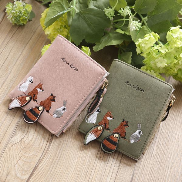 

women's wallet lovely cartoon animals short leather cute animals embroidery short wallet card holder billfold purse, Red;black
