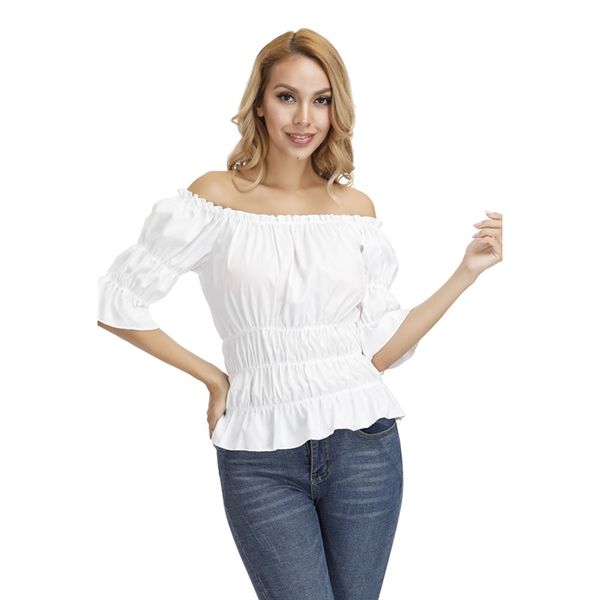 

women's off shoulder short sleeves ruffles blouse shirt crop steampunk pirate shirt renaissance peasant blouse slim fit, Silver