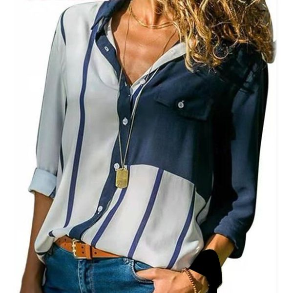 

thin elegant fashion attractive polyester casual daily single breasted summer women shirt work stripe printed, White
