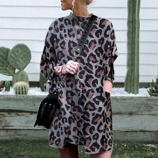 

women leopard dress 2019 vintage long beach dress loose long sleeve deep o-neck pockets party vestidos de women, Black;gray