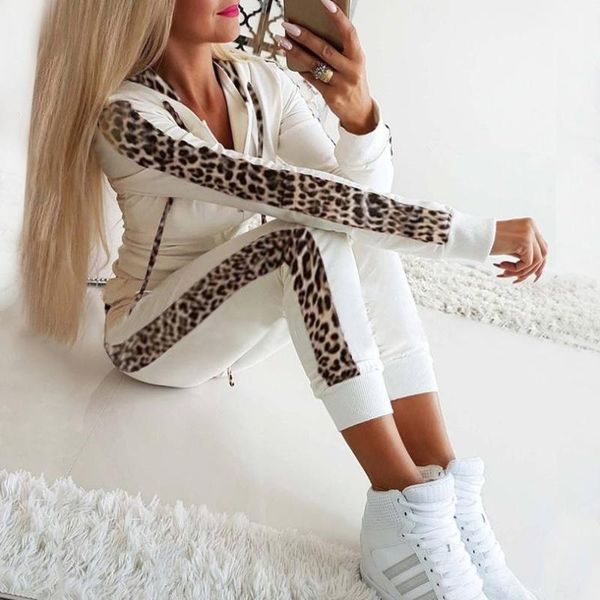 

women's leopard tracksuit print drawstring casual two-piece jogging + sweatshirt female winter suit, White